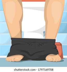 Man Sitting On Toilet Vector Illustration. Male Legs And Black Panties. Male Character, Toilet Interior.