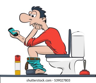 a man sitting on the toilet with your phone. Illustration Vector