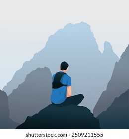 man sitting on top of hill illustration. traveler alone sitting on top of mountain