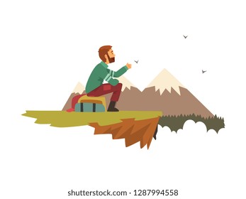 Man sitting on top of the mountain and looking into the distance, tourist hiking in mountains, outdoor adventures, travel, backpacking trip or expedition vector Illustration