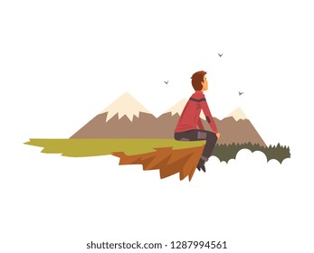 Man sitting on top of the mountain, tourist hiking in mountains, outdoor adventures, travel, backpacking trip or expedition vector Illustration