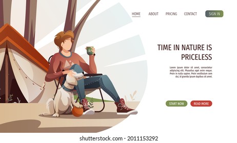 Man sitting on a tourist chair with cup of tea and dog. Summertime camping, traveling, trip, hiking, camper, nature, journey concept. Vector illustration for poster, banner, website.
