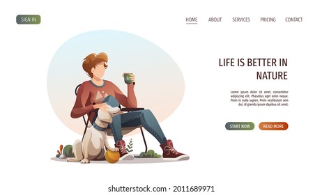 Man sitting on a tourist chair with cup of tea and dog. Summertime camping, traveling, trip, hiking, camper, nature, journey concept. Vector illustration for poster, banner, website.