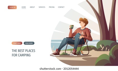 Man sitting on a tourist chair with cup of tea in nature. Summertime camping, traveling, trip, hiking, camper, nature, journey concept. Vector illustration for poster, banner, website.