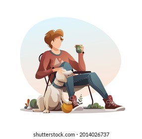 Man sitting on a tourist chair with cup of tea and dog. Summertime camping, traveling, trip, hiking, camper, nature, journey concept. Isolated vector illustration for poster, banner, card, cover.