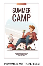 Man sitting on a tourist chair with cup of tea in nature. Camping, traveling, trip, hiking, camper, nature, journey concept. A4 vector illustration for poster, banner, promo flyer, special offer.