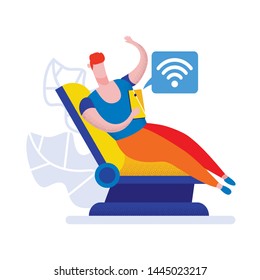 Man Sitting on Transforming Comfortable Armchair With Smartphone in Hands Using Wi-fi for Internet Connection Isolated on White Background. Happy Passenger Traveling. Cartoon Flat Vector Illustration