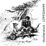 A man sitting on tree trunk and dog near him, vintage line drawing or engraving illustration