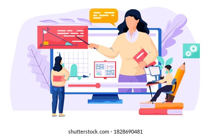 A man sitting on two books look at the computer screen with a calendar image. A female employee is looking at a monitor with a video about a woman showing a triangle image and different charts
