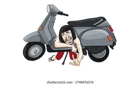 man sitting on vintage scooter action, vector