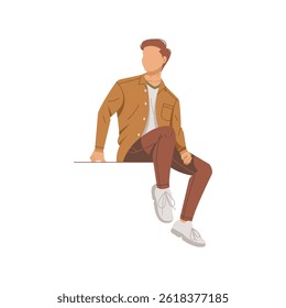 man sitting on wall and look to the left isolated illustration