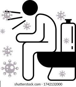 Hombre sentado en la pared montado Cammode sobre fondo blanco, virus de la corona bovina BCoV Diseño del icono vector, Síntomas de coronavirus de COVID-19 Concepto de diarrea, 