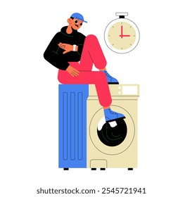 Man Sitting On Washing Machine With Timer In Flat Vector Illustration Symbolizing Laundry Waiting Time And Household Routine, Isolated On White Background