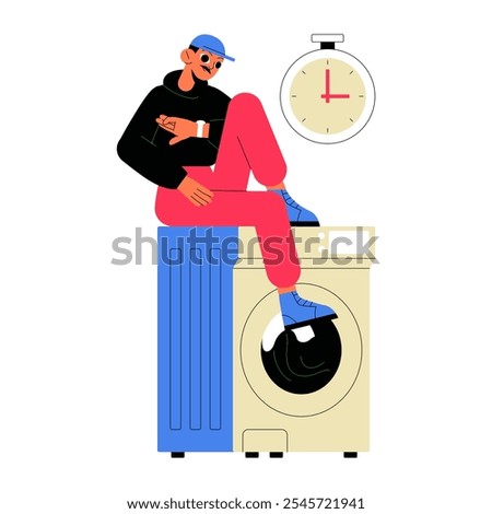 Man Sitting On Washing Machine With Timer In Flat Vector Illustration Symbolizing Laundry Waiting Time And Household Routine, Isolated On White Background