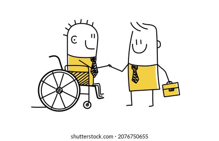 Man sitting on a wheelchair is handshaking. Funny stick figures. Doodle style. Vector illustration.