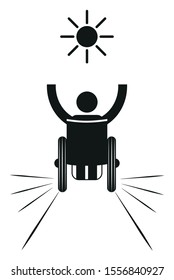 Man sitting on the wheelchair holding sun. Go to the sun. Make an effort to achieve. Disabled person pictogram back view. International Day of Persons with Disabilities December 3.