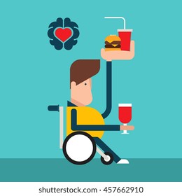 A Man Sitting On A Wheelchair, Junk Food, Brain, Heart, Vector Design.