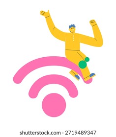 Man sitting on wifi. Concept wireless communication. Colorful vector illustration
