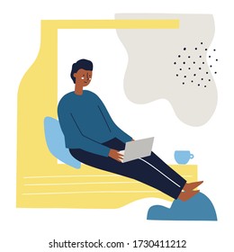 Un hombre sentado en una ventana trabaja en un portátil. Freelance, trabajo desde el concepto del hogar. Ilustración vectorial plana dibujada a mano.