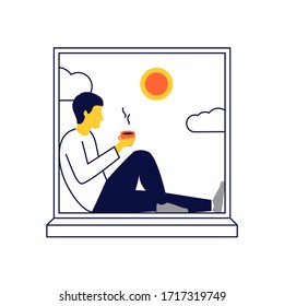 Hombre sentado en el ventanal y mirando por la ventana con una taza de café por la mañana. 