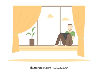 Man sitting on windowsill and working on laptop. Vector illustration.