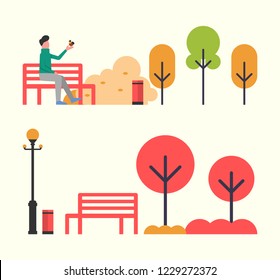 Man sitting on wooden bench in autumn fall park vector. Lantern and empty seat, trees and bushes of public place. Male playing with bird on his hand