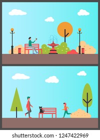 Man sitting on wooden bench in autumn park, sport boy vector. Teenager running working out in nature. Person holding bird in hand, garden exterior