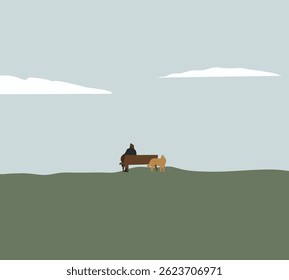 Man sitting on wooden bench and enjoying landscape view with his dog walking around on green grass. 