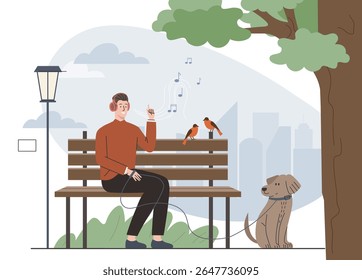 Homem sentado em um banco de parque de madeira usando fones de ouvido, ouvindo música com pássaros ao seu lado e cão na coleira, estilo plano, fundo do parque urbano. Ilustração vetorial