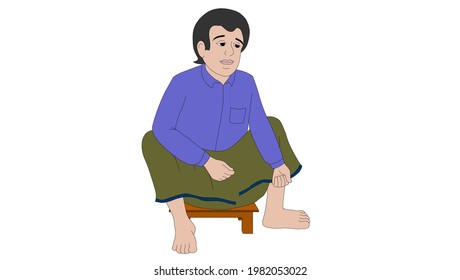 A man is sitting on a wooden stool
