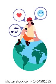 man sitting on world using smartphone social media