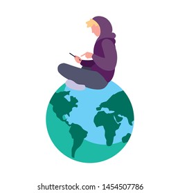 man sitting on world using smartphone social media