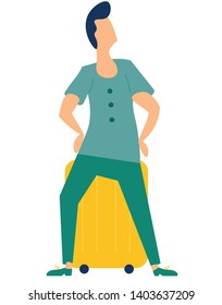 Man sitting on yellow suitcase. Male tourist watching up isolated on white background. Boy travel solo during vacation or business trip. Guy waiting leaning on case. Flat cartoon vector illustration