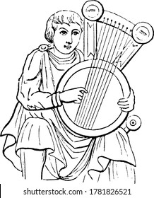 A man sitting and operating the musical instrument, a lyre, vintage line drawing or engraving illustration.