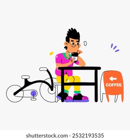 Man Sitting At Outdoor Cafe Drinking Coffee In Flat Vector Illustration Symbolizing Relaxation, Leisure, And Social Activities, Isolated On White Background