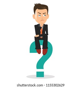 man sitting over a big question mark thinking deeply sad unhappy manager salesman boss executive trainer mentor lawyer