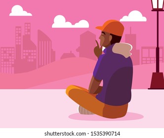 man sitting in park in the city vector illustration design