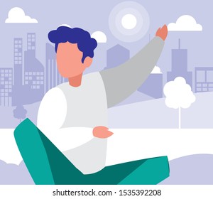 man sitting in park in the city vector illustration design