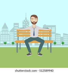 Man sitting in the park on the bench and relaxing. Flat modern design.