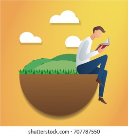 man sitting in the park and reading book vector illustration