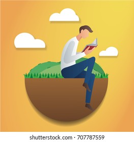 man sitting in the park and reading book vector illustration