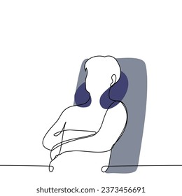 hombre sentado en el asiento del pasajero con los brazos cruzados con una almohada de viaje en su cuello - un vector de arte de una línea. concepto viaje cómodo, almohada de viajes