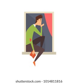 Man sitting in pensive posture on windowsill. Cartoon male character with book in hand. View on apartment window from street. Exterior element. Flat vector design