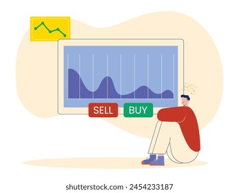 The man was sitting pensively looking at the decreasing graph. Character design. Vector flat illustration
