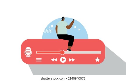 hombre sentado con un teléfono eligiendo o escuchando podcasts en una aplicación móvil. Podcast de audio. Concepto de podcast en línea, programa de radio en línea, icono de micrófono. Ilustración vectorial para diseño web.