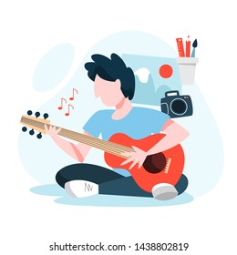 Man sitting and playing acoustic guitar. Young musician with music instrument. Artistic hobby. Isolated vector illustration in cartoon style