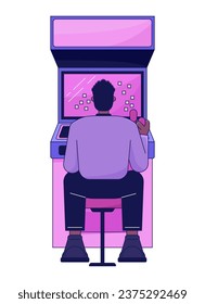 Man sitting and playing games flat line color vector character. Arcade. Vintage machine. Editable outline full body person on white. Simple cartoon spot illustration for web graphic design