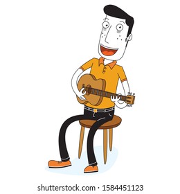 man is sitting and playing a guitar
