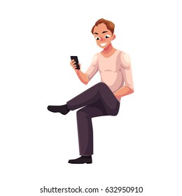 Man sitting, playing with smartphone, texting, messaging, using mobile phone, cartoon vector illustration isolated on white background. Full length portrait of young man sitting and using mobile phone