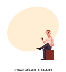 Man sitting, playing with smartphone, texting, messaging, using mobile phone, cartoon vector illustration with space for text. Full length portrait of young man sitting and using mobile phone